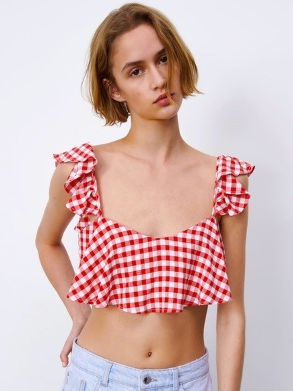 Zara Red and White Gingham Ruffle Crop Top